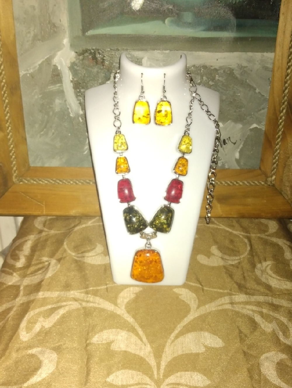Joy Joy Multi-Color Amber-Style Pendant Necklace with Matching Earrings